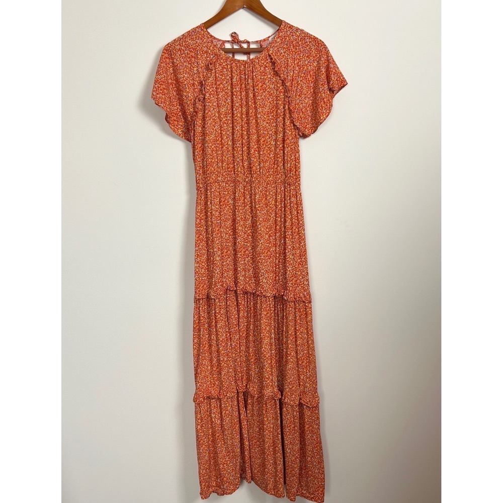 Anthropologie En Elly Boho Floral Tiered‎ Maxi Dress Orange Size L